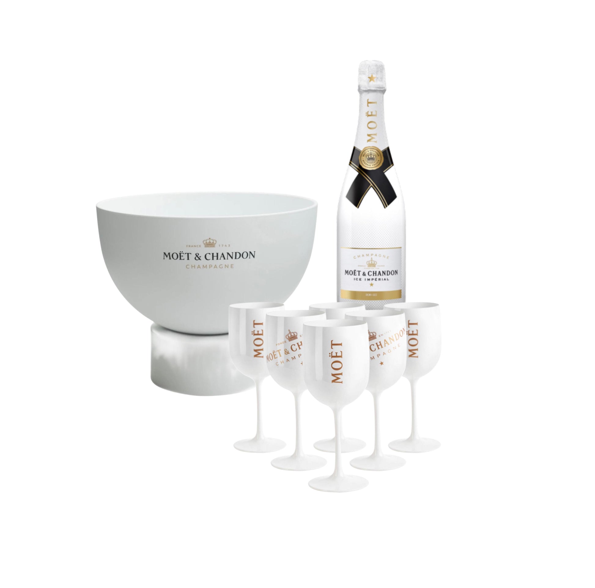 Moët & Chandon Champagner-Set – Ice Impérial, Kühler & 6 Gläser in Weiß-Gold