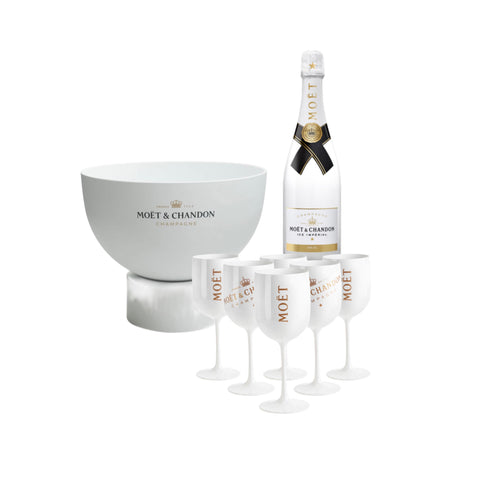 Moët & Chandon Champagner-Set – Ice Impérial, Kühler & 6 Gläser in Weiß-Gold